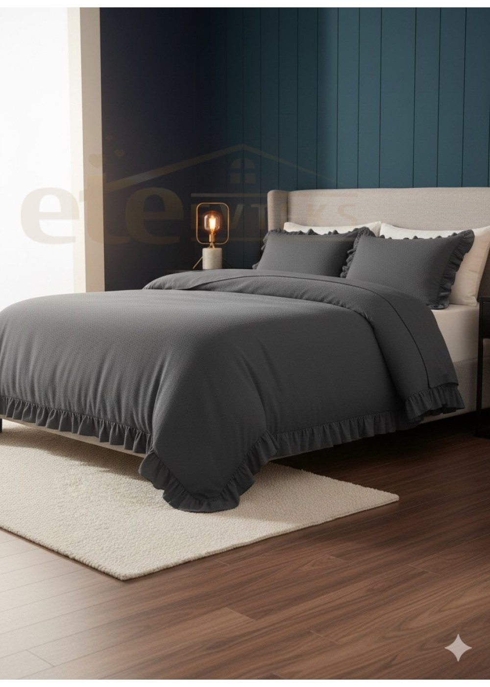 ETEHOMETEX %100 Doğal Pamuk Çift Kişilik Fırfırlı Nevresim Seti 200x220 cm ANTRASİT 8696474232031